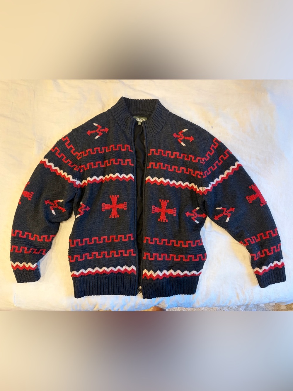 Orvis Men’s Southwestern Navy Full Zip-Up Patterned Sweater  (Merino Wool)
